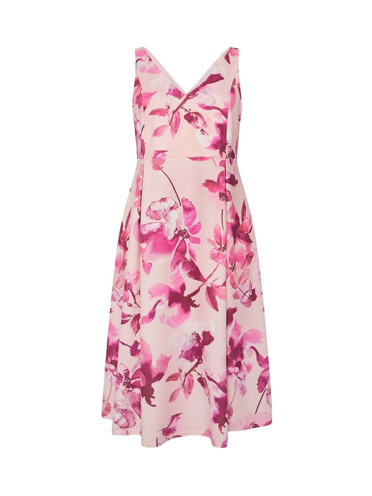 Yours Curve Pink London Floral V-Neck Pleated Skater Dress - Image 6 of 6