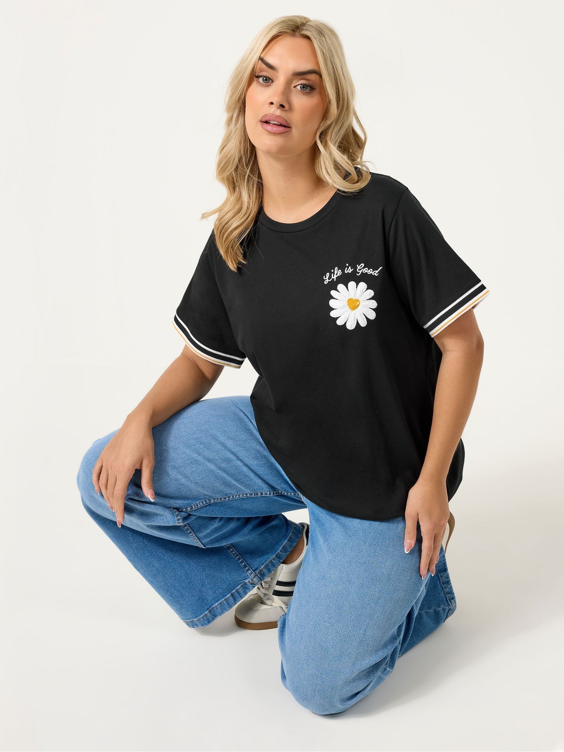 Yours Women's Black Daisy Varsity Trim T-Shirt In | Size: 26/28 - Image 2