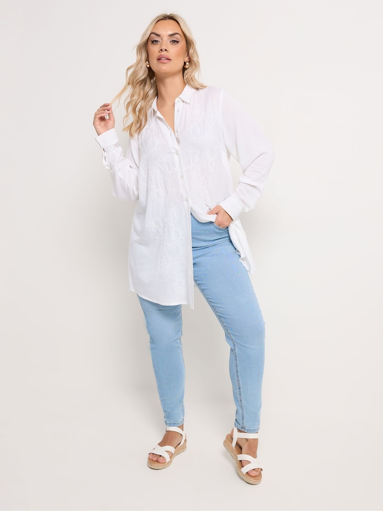 Yours Curve White Embroidered Placket Long Sleeve Shirt - Image 2 of 4