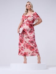 Yours Curve Pink London Floral Keyhole Mesh Maxi Dress - Image 1 of 5