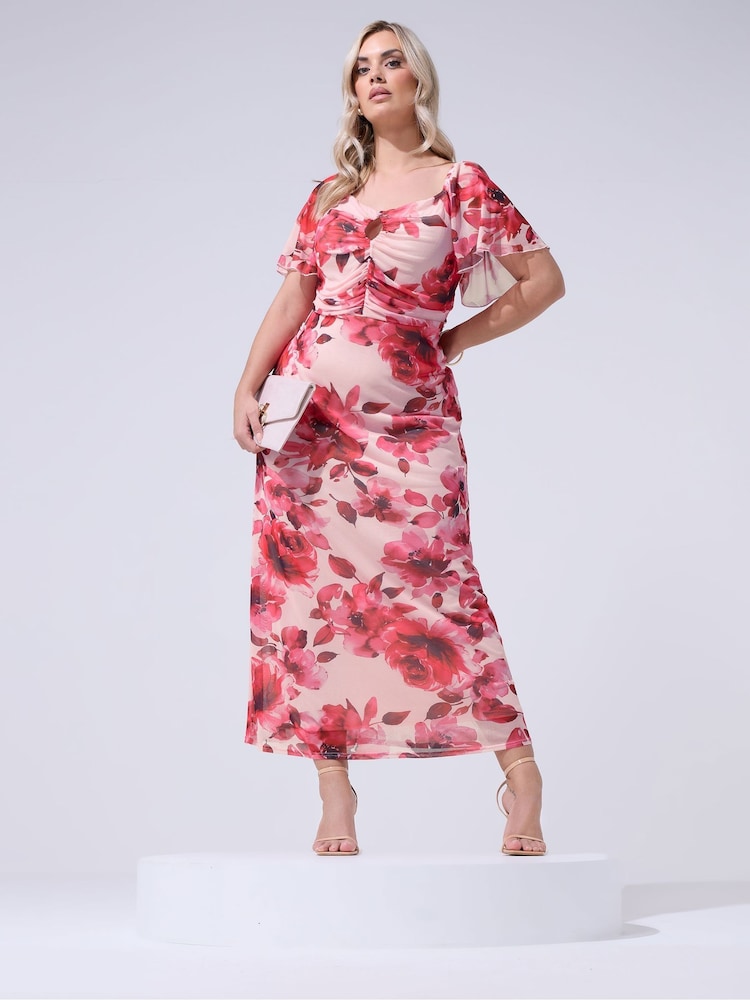 Yours Curve Pink London Floral Keyhole Mesh Maxi Dress - Image 1 of 5