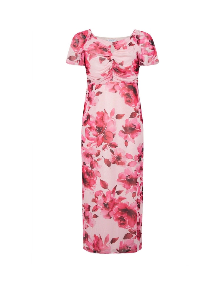 Yours Curve Pink London Floral Keyhole Mesh Maxi Dress - Image 5 of 5