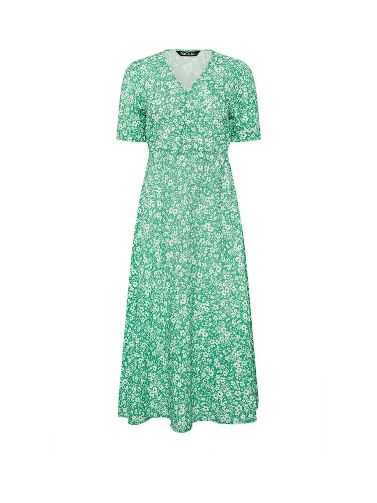 M&Co Green Petite Ditsy Puff Sleeve Dress - Image 1 of 1
