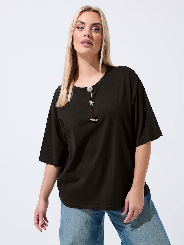Yours Curve Black Limited T-Shirt With Shell Buttons - Image 1 of 4
