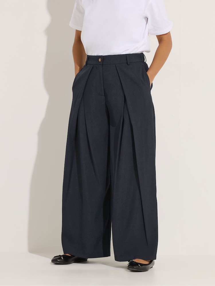 PixieGirl Petite Blue Wrap Pleated Wide Leg Trousers - Image 2 of 5