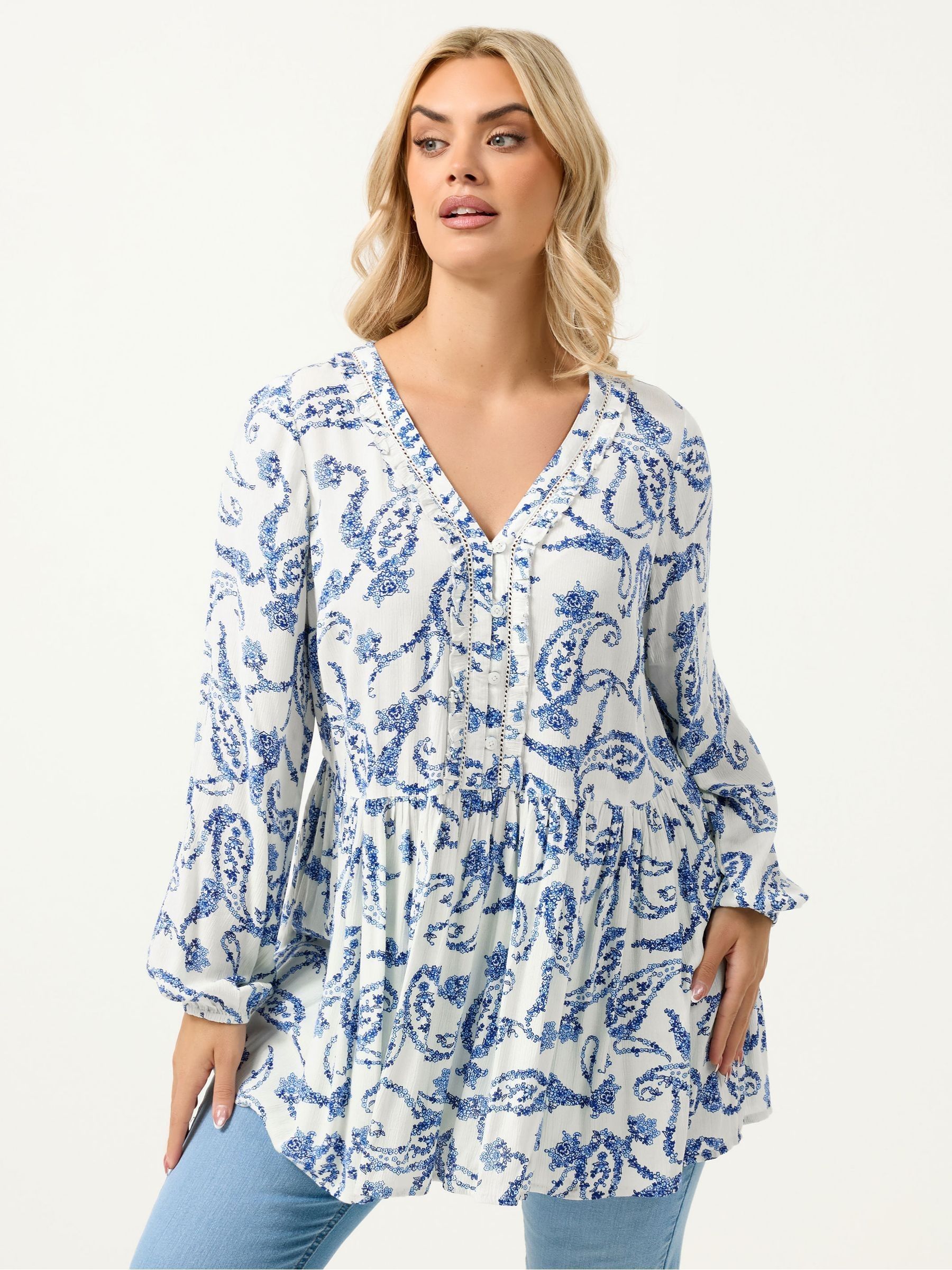 Yours Curve Women's Blue Ruffle Placket Boho Blouse