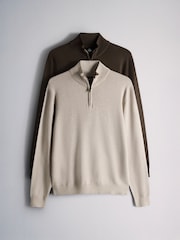 The Set 2 Pack Quarter Zip Knit Jumpers Brown/Cream - Image 2 of 10