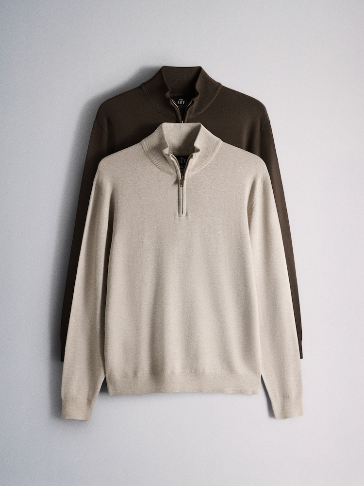 The Set 2 Pack Quarter Zip Knit Jumpers Brown/Cream - Image 2 of 10