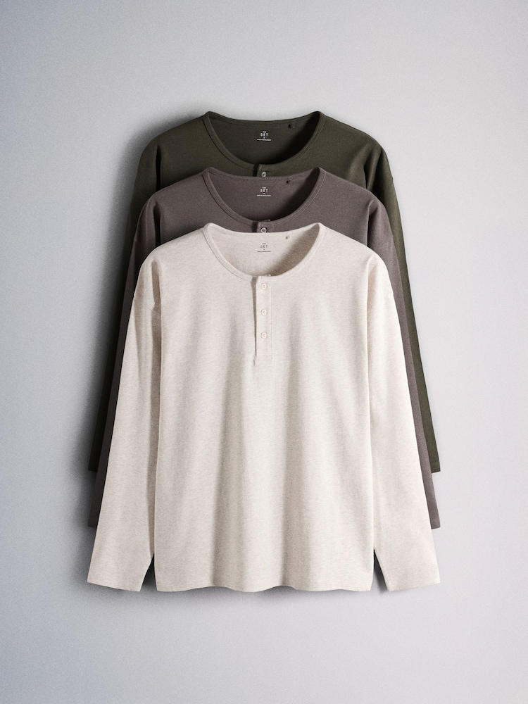 The Set 3 Pack Long Sleeve Henley Tops Green/Ecru - Image 1 of 13