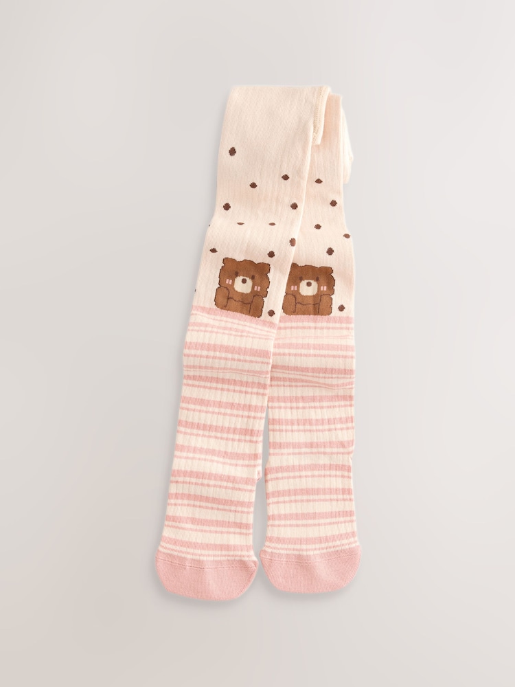 Cream and Pink Cotton Rich Bear Character Tights - Image 1 of 3
