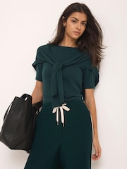 Mint Velvet Green Cotton Blend Scarf Detail Knit Top - Image 1 of 6