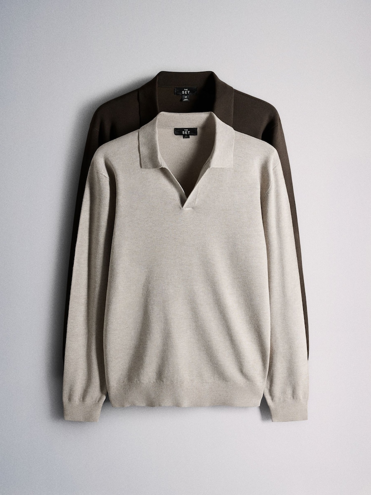 The Set 2 Pack Trophy Neck Knit Jumpers Brown/Cream - Image 1 of 5