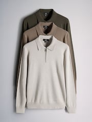 The Set 3 Pack Zip Neck Knit Jumpers Brown/Cream - Image 2 of 13