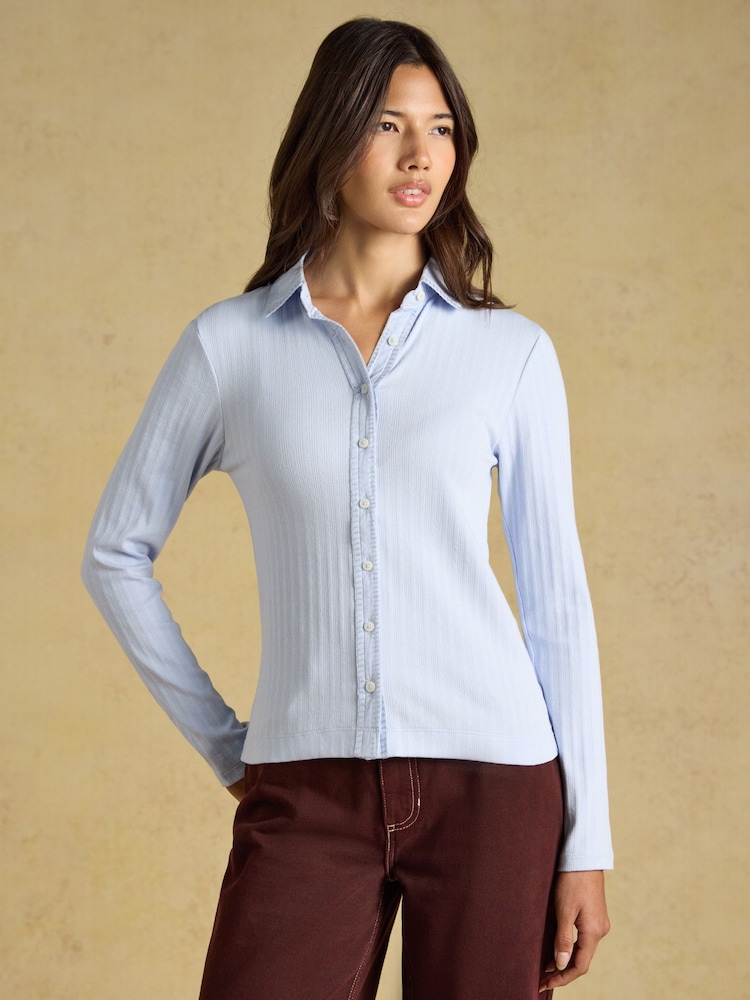 Joules Elle Blue Cotton Rich Pointelle Jersey Shirt - Image 1 of 8 Joules Elle Blue Cotton Rich Pointelle Jersey Shirt - Image 1 of 8