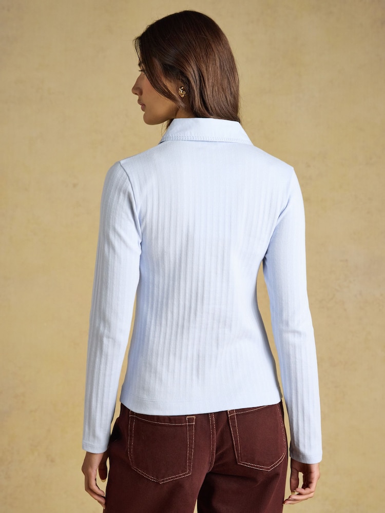 Joules Elle Blue Cotton Rich Pointelle Jersey Shirt - Image 2 of 8 Joules Elle Blue Cotton Rich Pointelle Jersey Shirt - Image 2 of 8