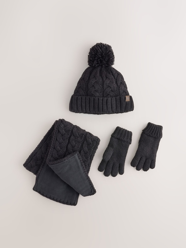 Black Cable Beanie Scarf and Gloves (3-16yrs) - Image 1 of 4 Black Cable Beanie Scarf and Gloves (3-16yrs) - Image 1 of 4