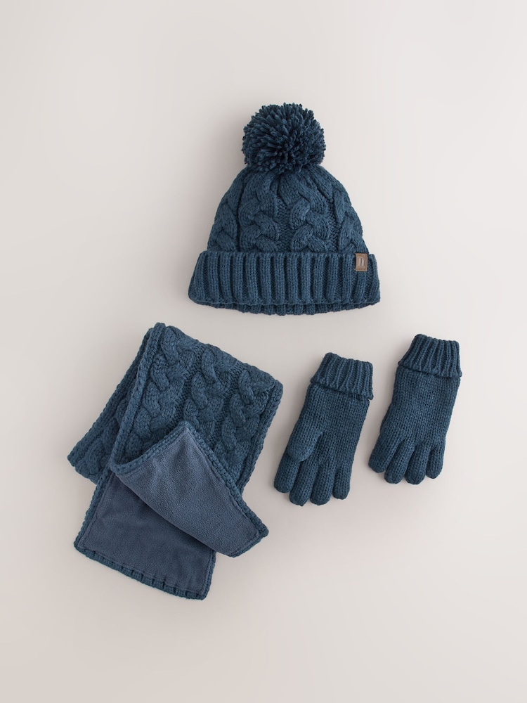 Navy Cable Beanie Scarf and Gloves Set (3-16yrs) - Image 1 of 4 Navy Cable Beanie Scarf and Gloves Set (3-16yrs) - Image 1 of 4