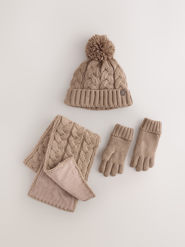Neutral Cable Beanie Scarf and Gloves Set (3-16yrs) - Image 1 of 4 Neutral Cable Beanie Scarf and Gloves Set (3-16yrs) - Image 1 of 4