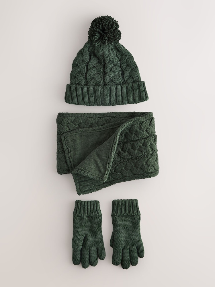 Khaki Green Cable Beanie Scarf and Gloves Set (3-16yrs) - Image 1 of 4 Khaki Green Cable Beanie Scarf and Gloves Set (3-16yrs) - Image 1 of 4