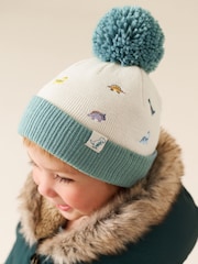 Ecru/Blue Dinosaur Embroidered Pom Beanie (3mths-10yrs) - Image 1 of 8