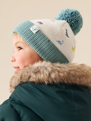 Ecru/Blue Dinosaur Embroidered Pom Beanie (3mths-10yrs) - Image 2 of 8