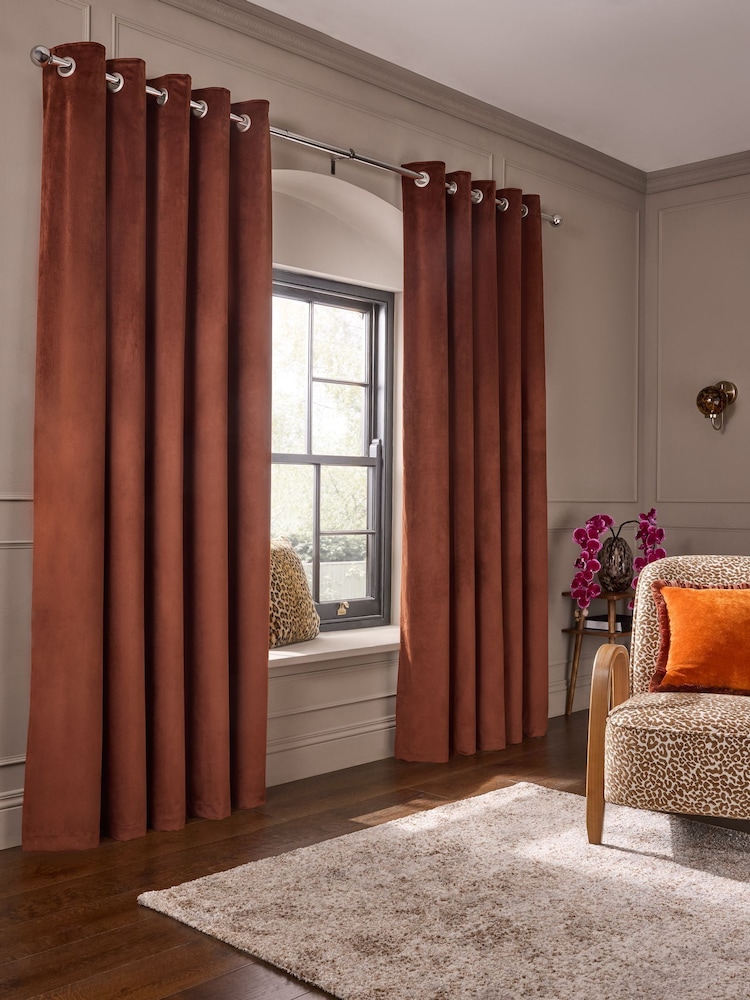 Brown Rust Matte Velvet Super Thermal Eyelet Curtains - Image 2 of 5 Brown Rust Matte Velvet Super Thermal Eyelet Curtains - Image 2 of 5