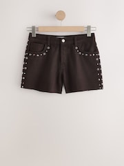 Chocolate Brown Stud Raw Hem Denim Shorts - Image 7 of 10
