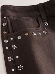 Chocolate Brown Stud Raw Hem Denim Shorts - Image 9 of 10