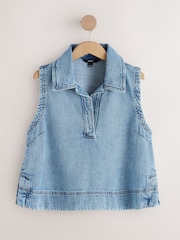 Mid Blue Lightweight Sleeveless Collared Denim Top - Image 6 of 8