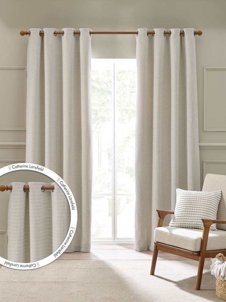 Catherine Lansfield Natural Textured Stab Stitch Lined Eyelet Curtains - Image 1 of 4