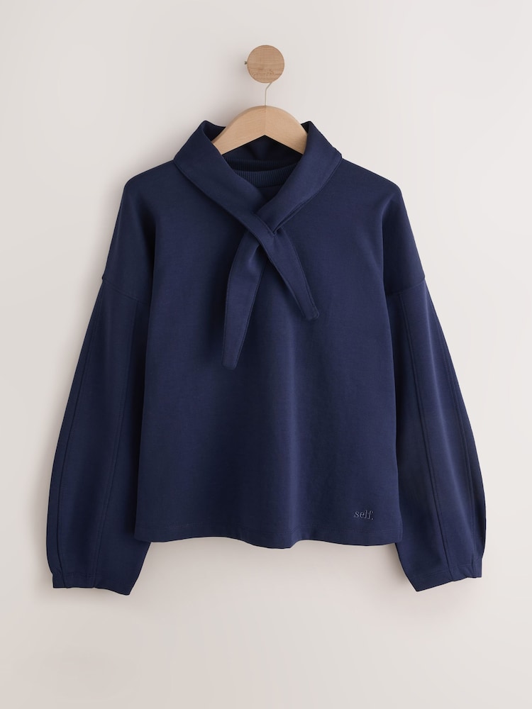 self. Navy Sweatshirt with Removable Scarf - Image 1 of 4 self. Navy Sweatshirt with Removable Scarf - Image 1 of 4