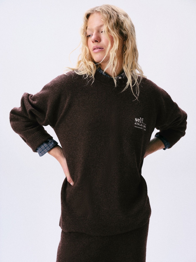 self. Chocolate Brown Knitted Longline Crew Jumper - Image 1 of 5