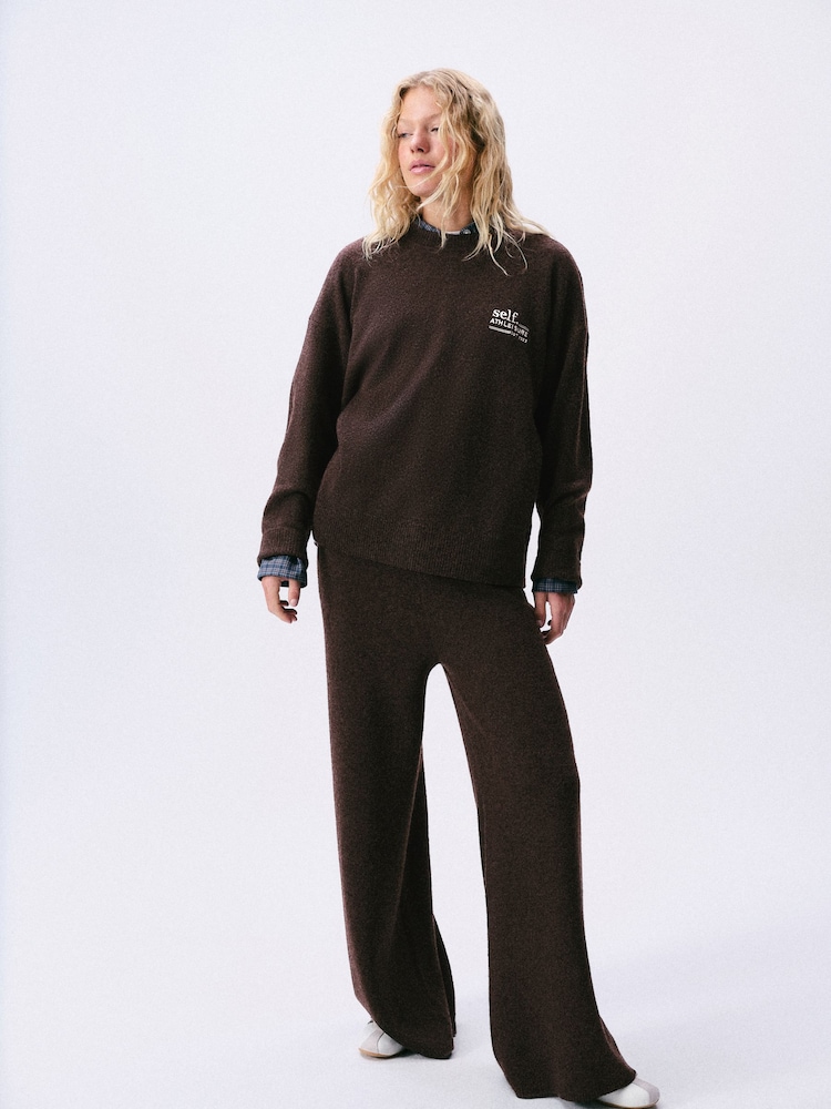 self. Chocolate Brown Knitted Longline Crew Jumper - Image 2 of 5