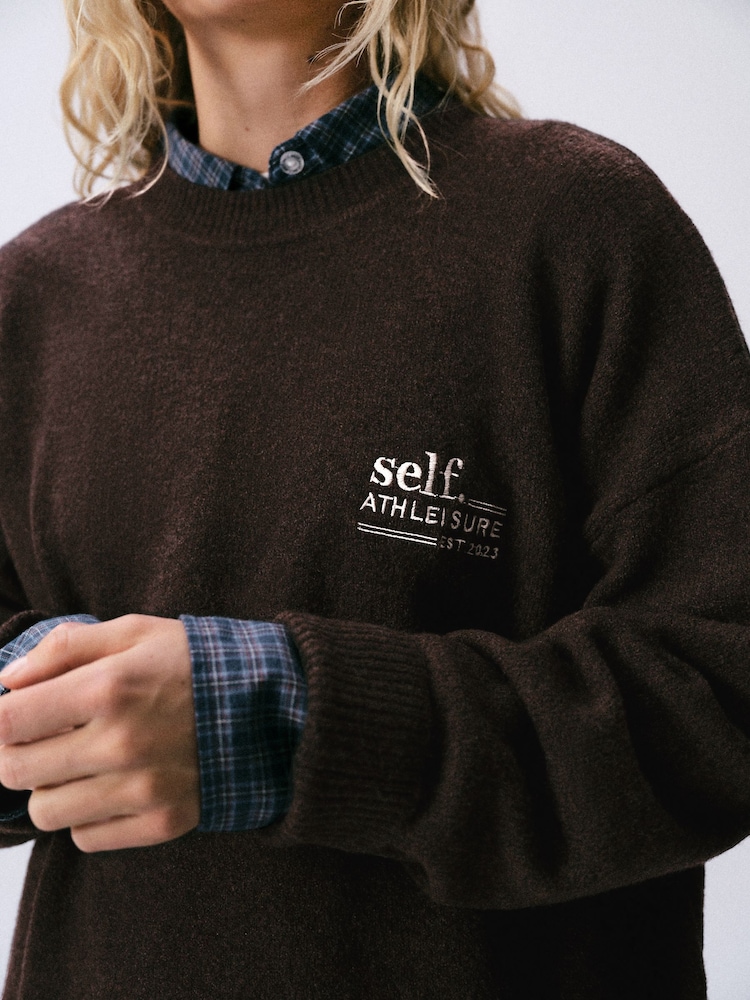 self. Chocolate Brown Knitted Longline Crew Jumper - Image 5 of 5