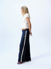 self. Teal Blue Wide Leg Viscose Blend Track Trousers With Side Stripe - Image 3 of 8