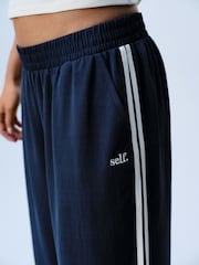 self. Teal Blue Wide Leg Viscose Blend Track Trousers With Side Stripe - Image 5 of 8