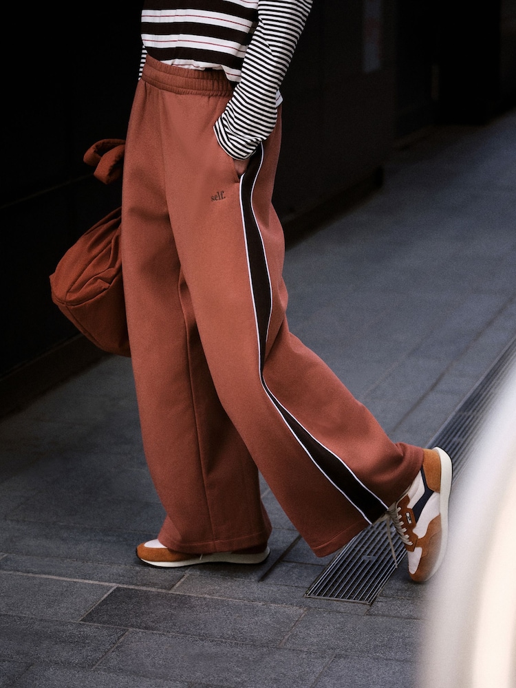 self. Rust Brown Side Stripe Wide Leg Joggers - Image 1 of 8