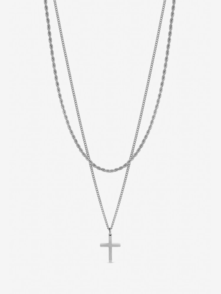 Inicio Silver Steel Waterproof Double Row Cross Necklace Gift Pouch - Image 1 of 3