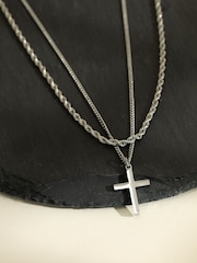 Inicio Silver Steel Waterproof Double Row Cross Necklace Gift Pouch - Image 2 of 3