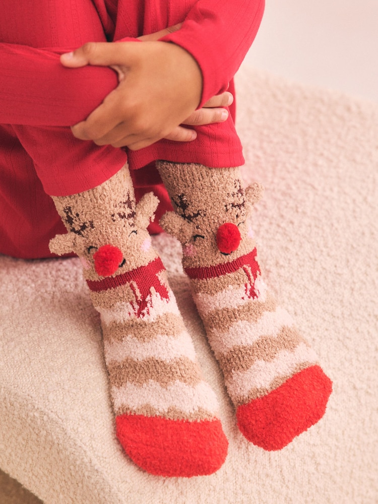 Brown and Red Reindeer Christmas Cosy Socks - Image 1 of 5 Brown and Red Reindeer Christmas Cosy Socks - Image 1 of 5
