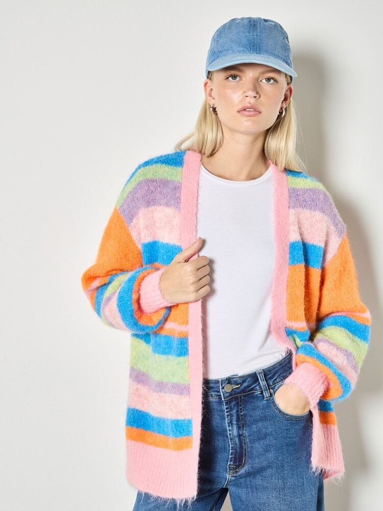 Apricot Pink Colourful Stripe Fluffy Knit Cardigan - Image 1 of 5