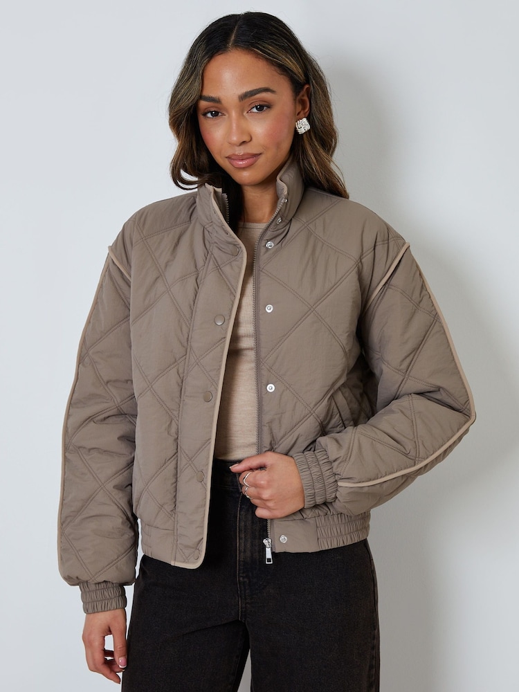 Threadbare Grey Quilted Funnel Neck Bomber Jacket - Image 1 of 5