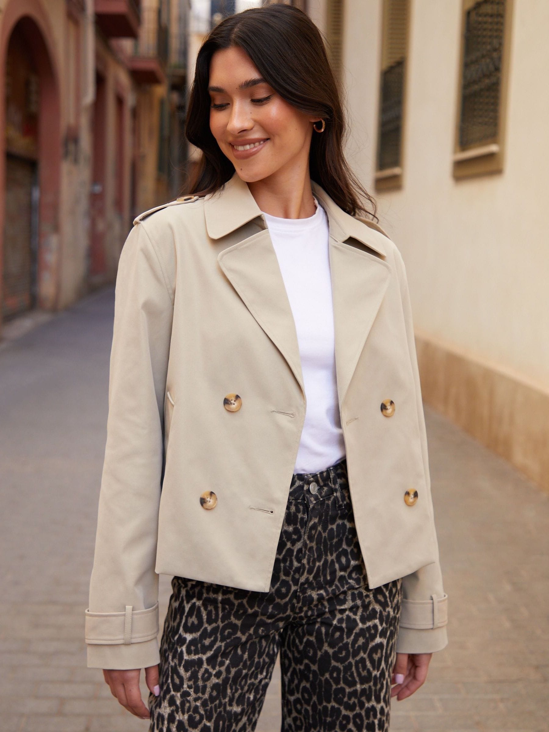 Buy Threadbare Natural Petite Double Breasted Cropped Trench