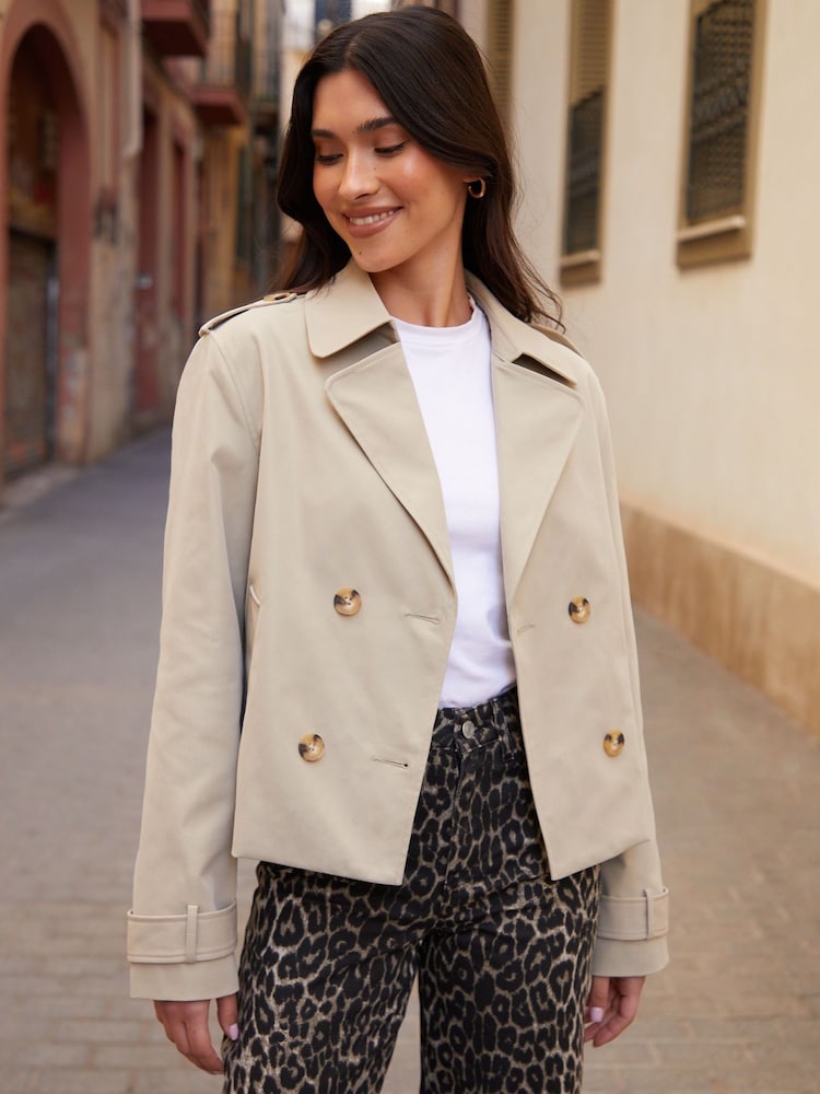 Threadbare Natural Petite Double Breasted Cropped Trench Jacket - Image 1 of 4
