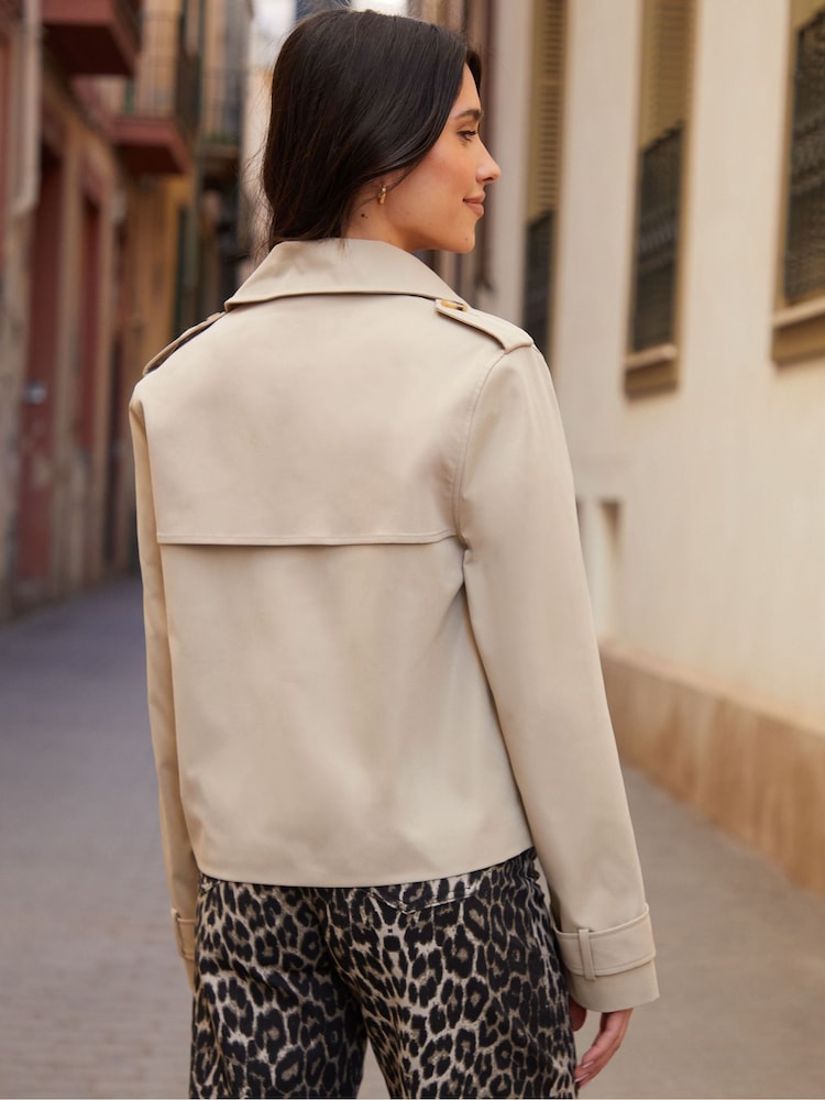 Threadbare Natural Petite Double Breasted Cropped Trench Jacket - Image 2 of 4