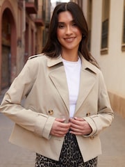 Threadbare Natural Petite Double Breasted Cropped Trench Jacket - Image 3 of 4