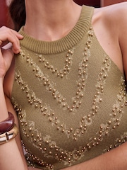 Khaki Green Embellished Gold Detail Halter Neck Top - Image 4 of 4