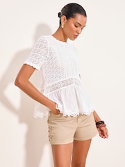 White Knitted Crochet Detail Scallop T-Shirt - Image 1 of 4