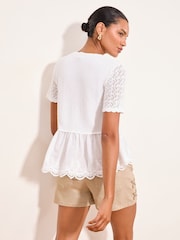 White Knitted Crochet Detail Scallop T-Shirt - Image 3 of 4