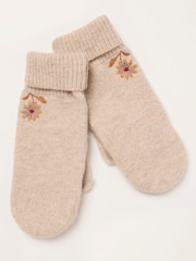 FatFace Oatmeal Floral Embroidered Overflap Mittens - Image 1 of 3